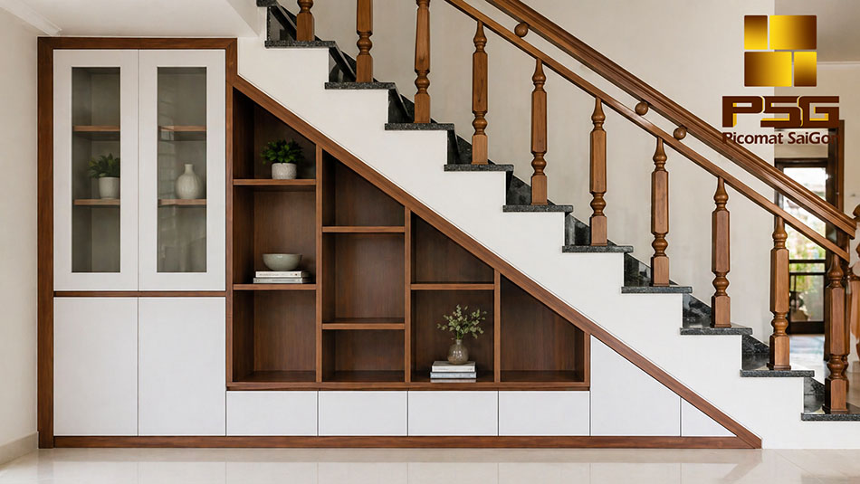 Tấm nhựa PVC khi làm tủ gầm cầu thang