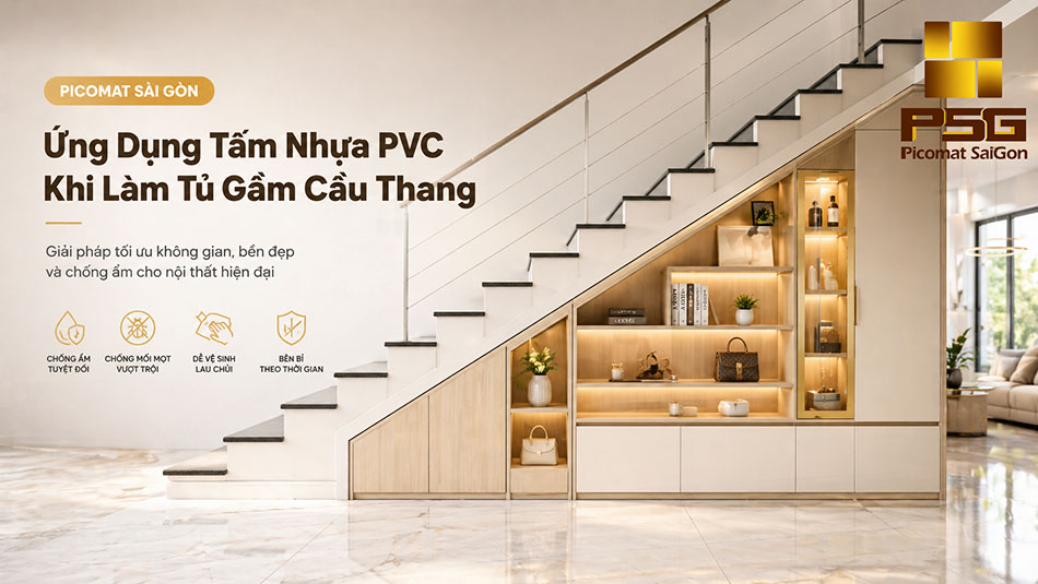 ứng dụng tấm nhựa PVC khi làm tủ gầm cầu thang