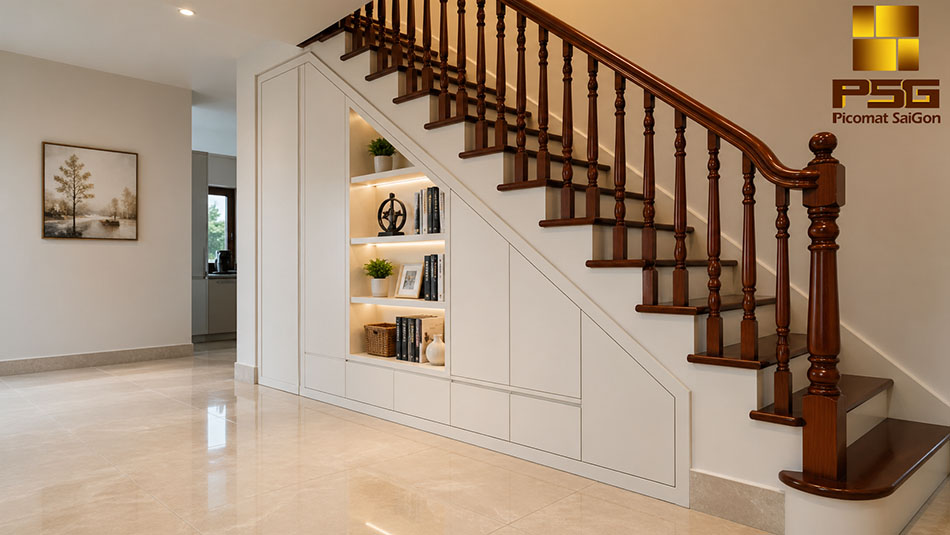 Tủ gầm cầu thang nhà ống bằng tấm nhựa PVC màu trắng có khoang trưng bày và cánh kín đồng màu