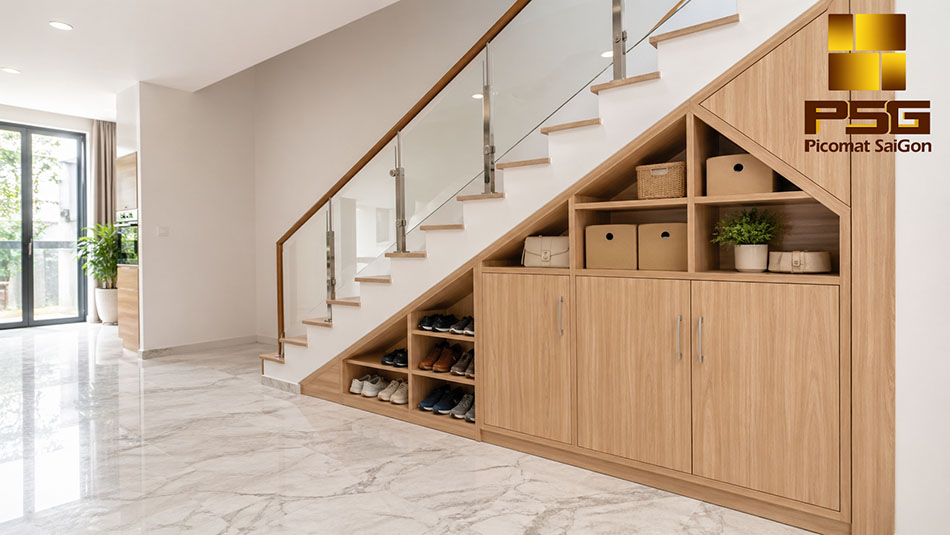 Tấm nhựa PVC khi làm tủ gầm cầu thang