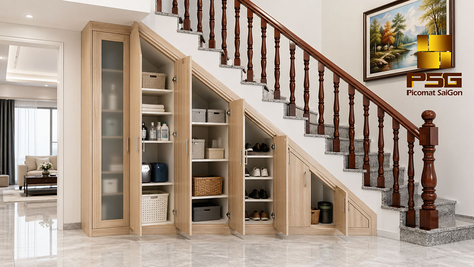 Tấm nhựa PVC khi làm tủ gầm cầu thang