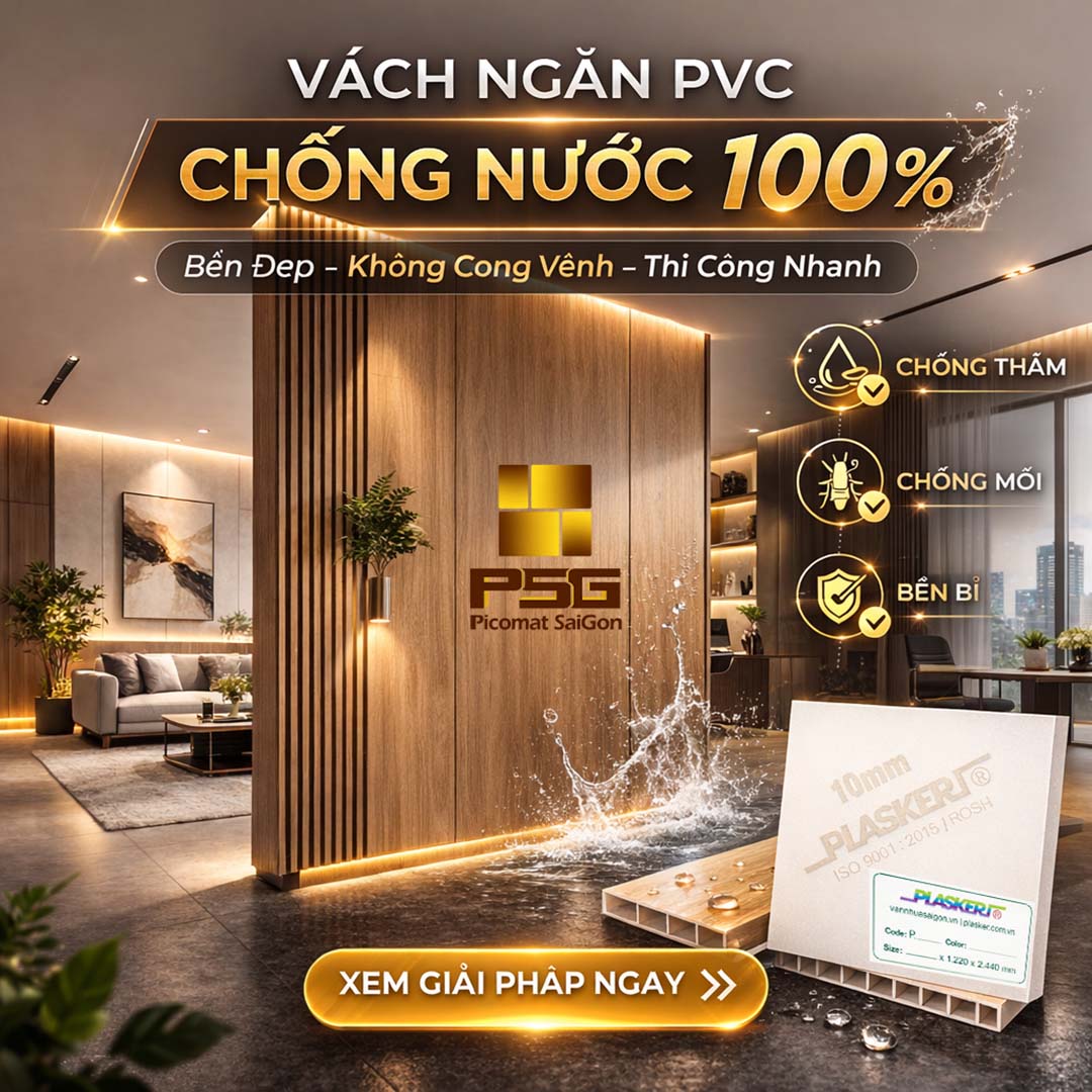 Vách Ngăn Phòng Bằng Tấm Nhựa PVC: Cách Chọn Theo Không Gian, Độ Ẩm Và Kiểu Thi Công 1 Vách ngăn phòng bằng tấm nhựa PVC vân gỗ chia không gian phòng khách hiện đại