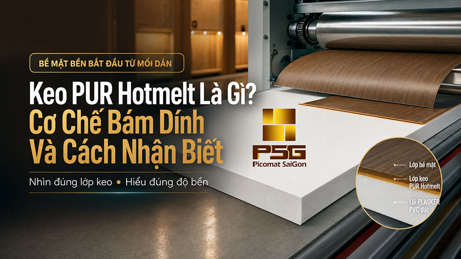 Công Ty Sản Xuất Tấm Nhựa PVC PLASKER Tại TP.HCM 5 Sơ đồ mặt cắt tấm nhựa PVC PLASKER với ba lớp gồm lớp bề mặt, lớp keo PUR Hotmelt và lõi PVC đặc