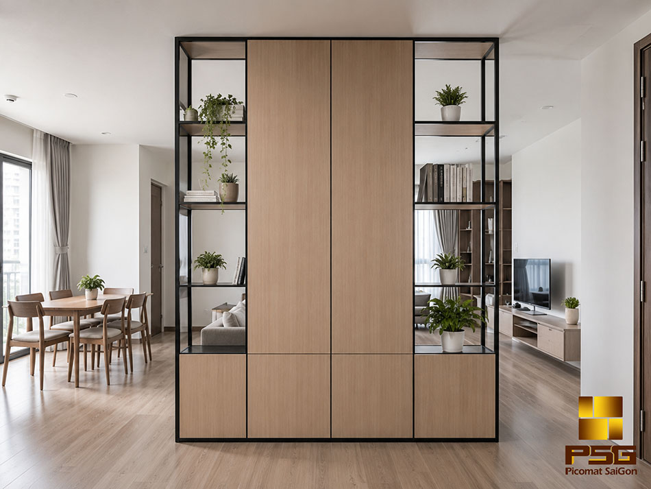 Vách ngăn phòng bằng tấm nhựa PVC vân gỗ sồi sáng, tích hợp kệ mở ngăn bàn ăn với phòng khách