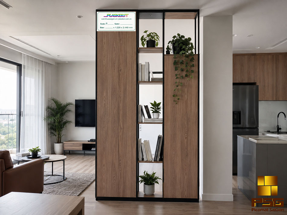 Vách ngăn phòng kết hợp kệ trang trí bằng tấm nhựa PVC vân gỗ óc chó, ngăn phòng khách với bếp